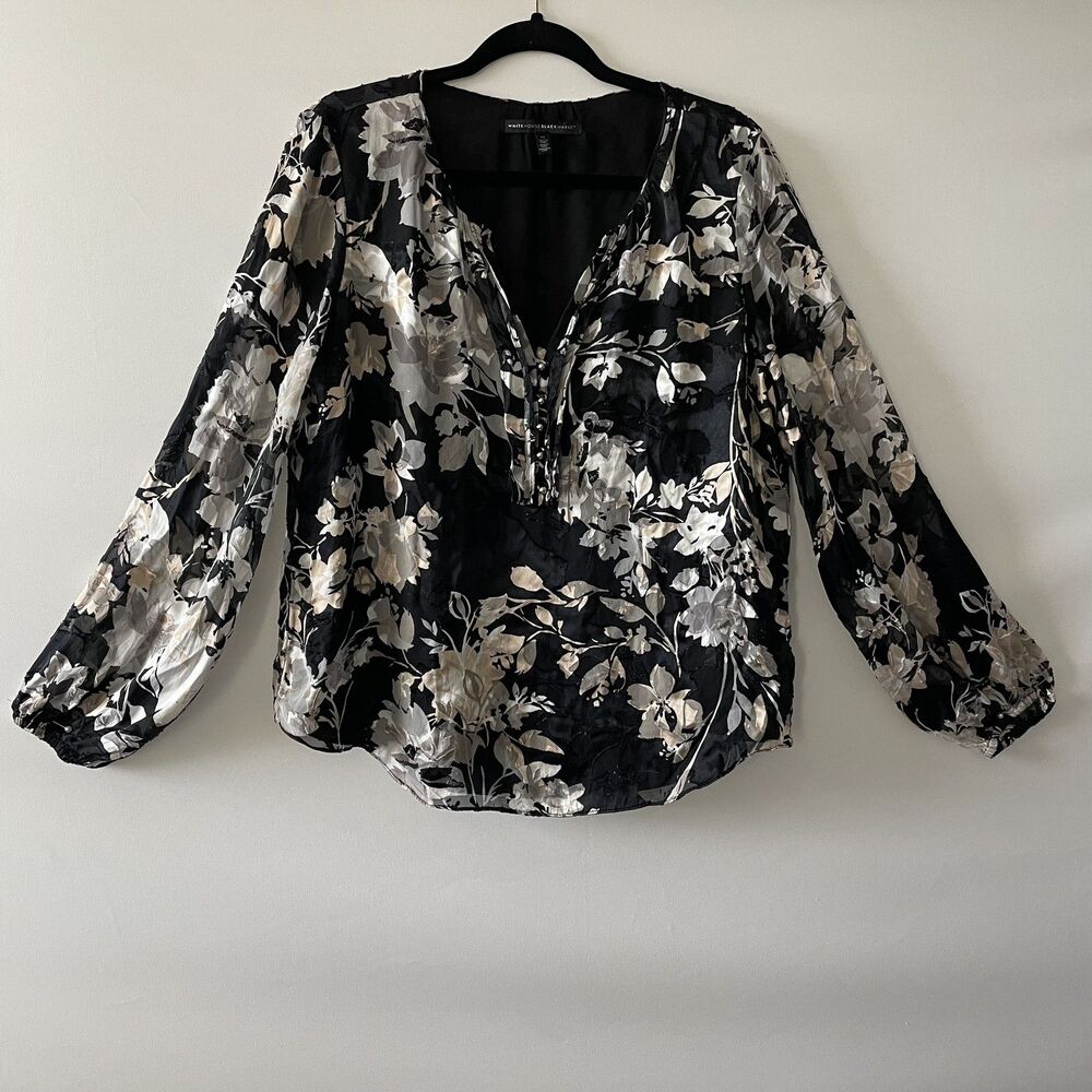 White House Black Market Floral Semi Sheer Long Sleeve Blouse Size 14